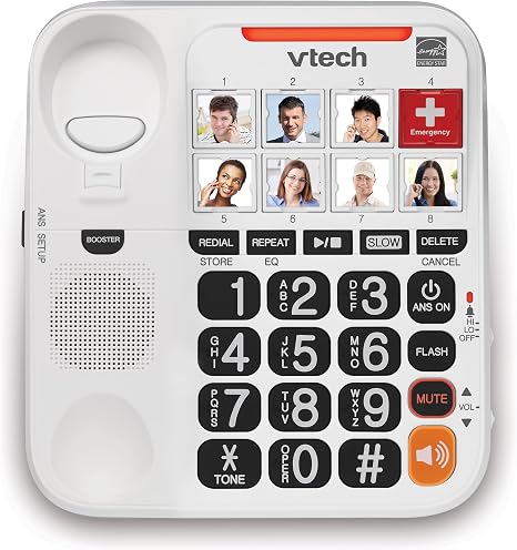 Accessible amplified phone with large buttons, speed dial, high contrast display, and visual ringer.