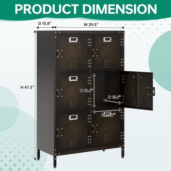 Durable steel office storage locker with 6 doors and adjustable shelves.