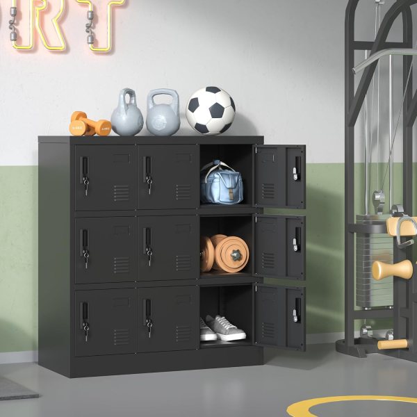 Durable steel office locker with 9 compartments for personal items.