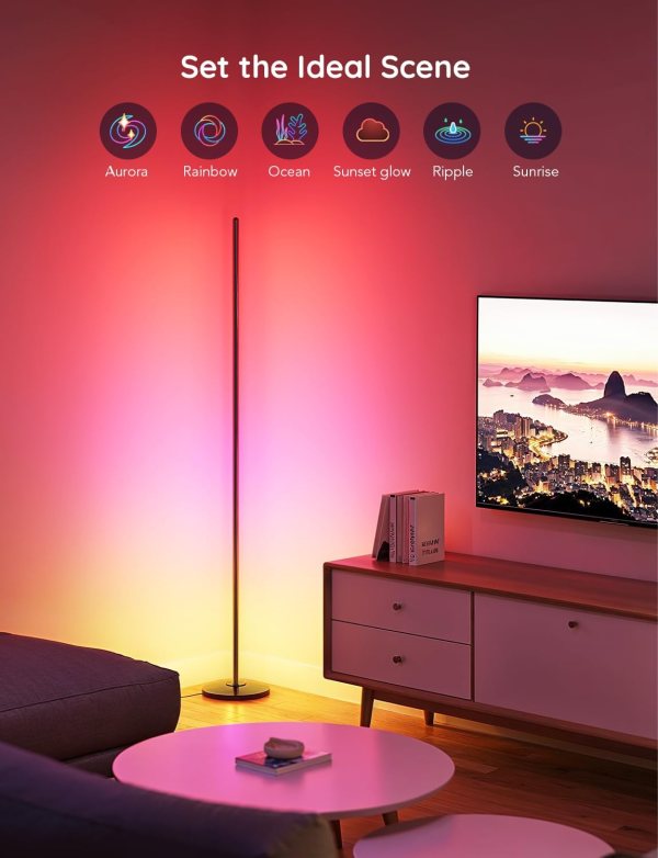 Voice-controlled RGB LED floor lamp for customizable lighting in living rooms and bedrooms.