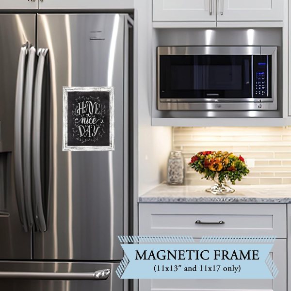 Chalkboard sign on refrigerator with kitchen background.