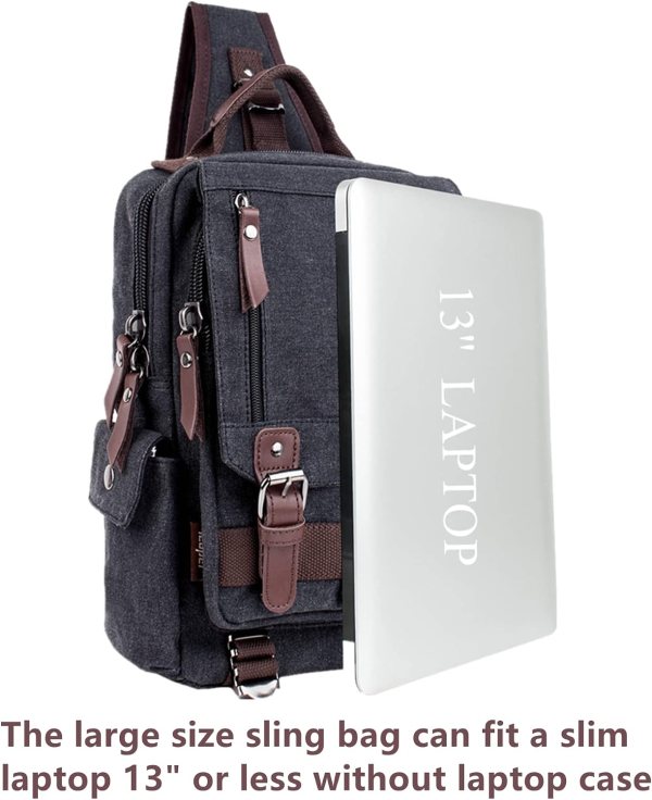Dark gray canvas messenger bag with laptop compartment and multiple pockets.