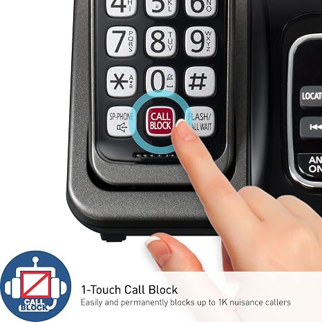 Call block button on a phone for robocall blocking and caller ID management.