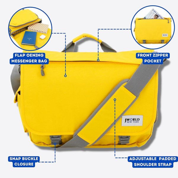 Bright yellow laptop messenger bag with adjustable shoulder strap and front pocket.
