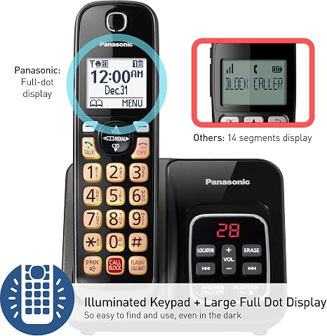 Panasonic cordless phone with talking caller ID and illuminated keypad for easy use.