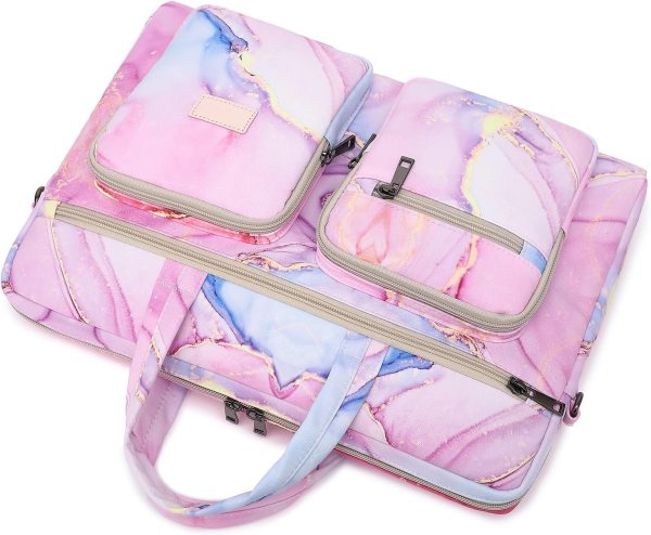 Pink and blue marble pattern laptop bag with multiple compartments.
