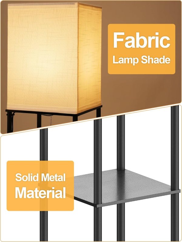 Multifunctional LED floor lamp with fabric shade and wooden shelves for living room, bedroom, or off.