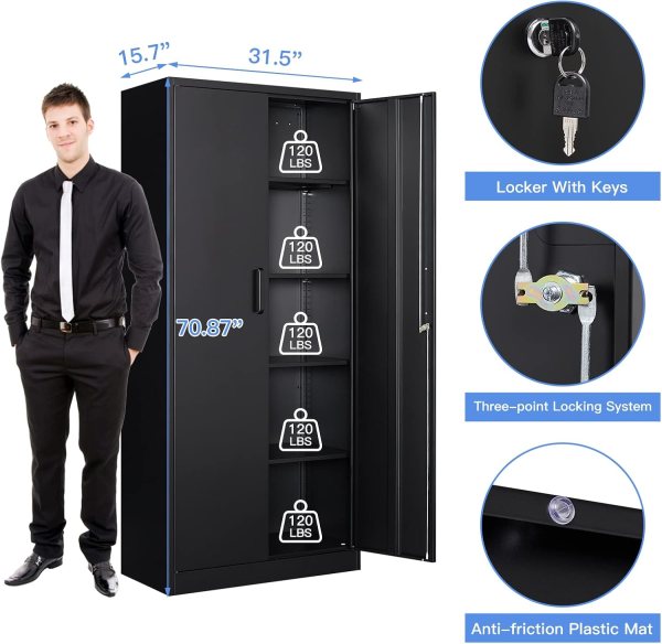 Black industrial storage cabinet with adjustable shelves and lock system.