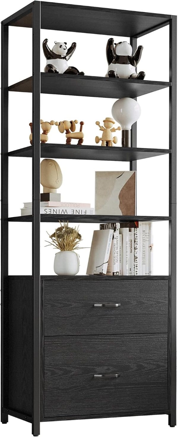 Office storage cabinet with open shelves and drawers for organizing books, files, and office supplie.