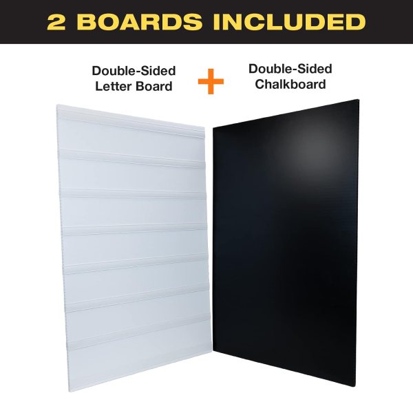 Two boards included: double-sided letter board and chalkboard for signage.
