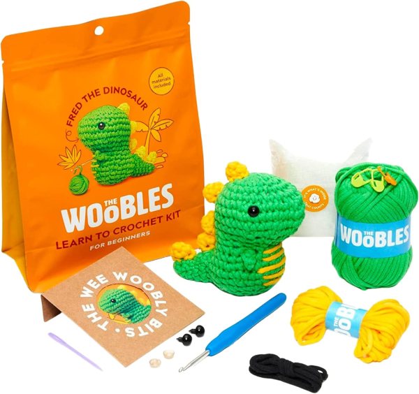 Beginner Crochet Kit – Fred the Dinosaur Crochet Set for Complete Beginners, Includes Easy-to-Follow Tutorials, Pre-Started Yarn, Stuffing, and Crochet Tools