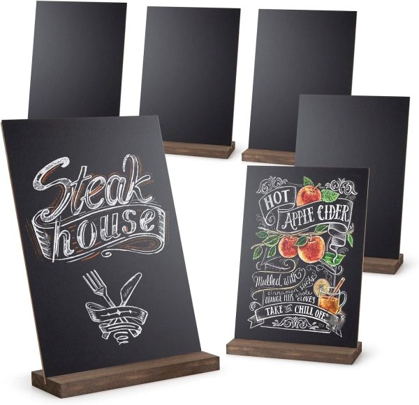 Set of 6 mini chalkboards with wooden stands for events and parties.