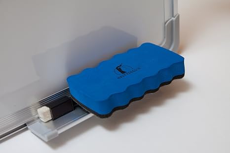 Blue magnetic corkboard eraser for office and home organization.