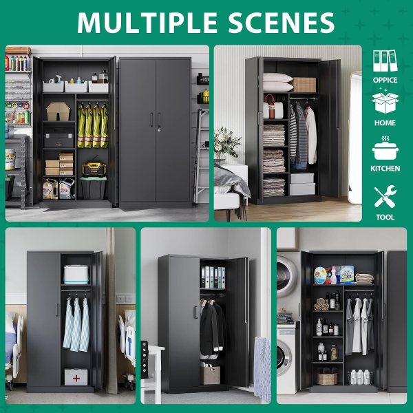 Secure metal cabinet with adjustable shelves for office, home, or garage storage.