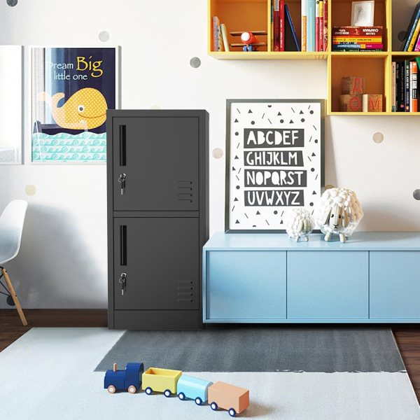 Secure metal storage cabinet with lock, ideal for office and home organization, featuring multiple c.