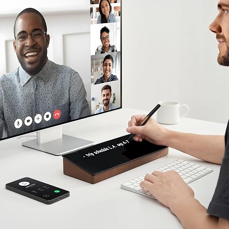 Whiteboard desk organizer for video calls and note-taking.
