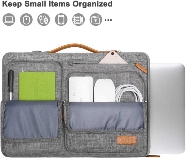 Organized leather laptop bag with compartments for tech accessories and documents.