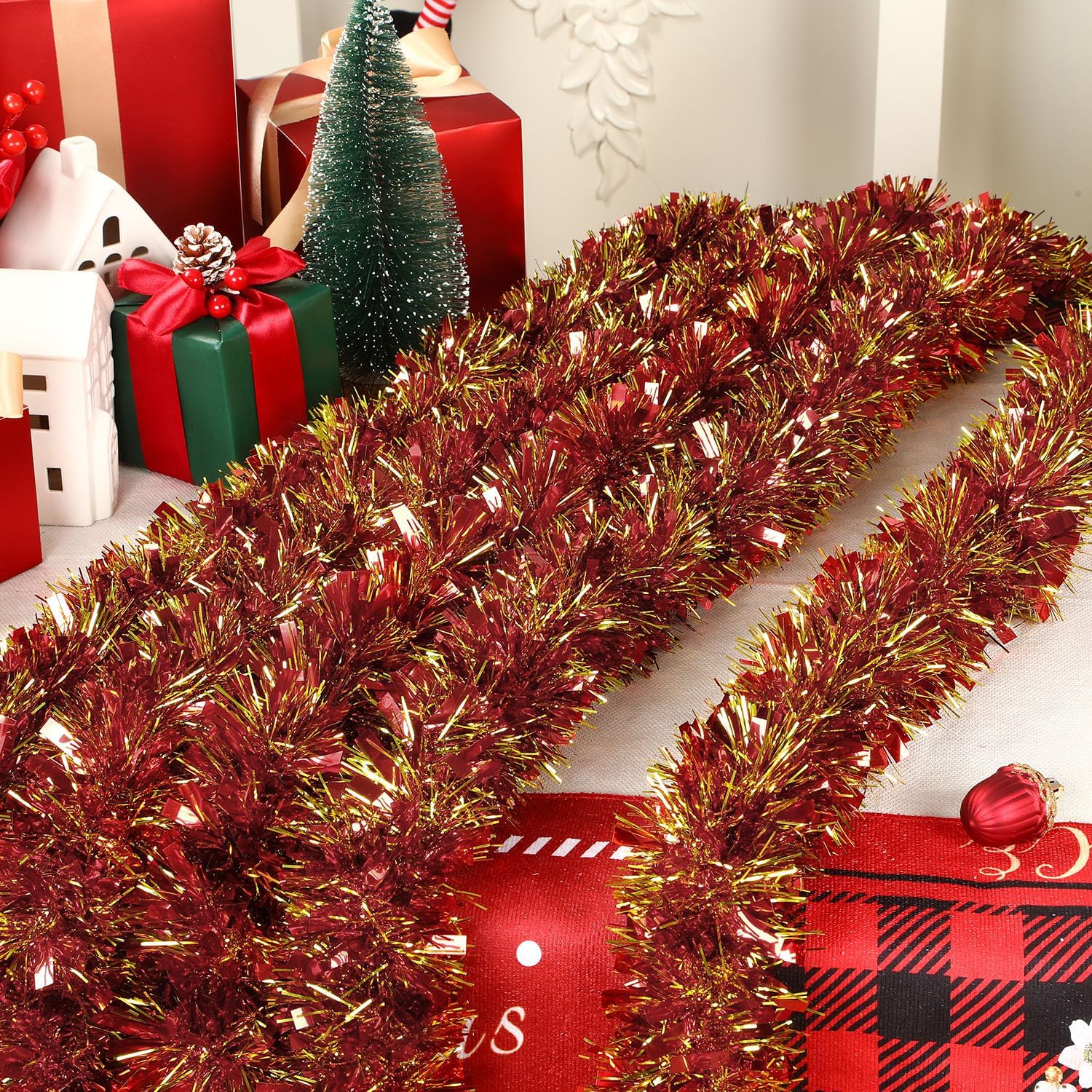 Holiday Decorations – Metallic Tinsel Garland in Red and Gold for Christmas, Parties, and Home Décor, 6-Pack