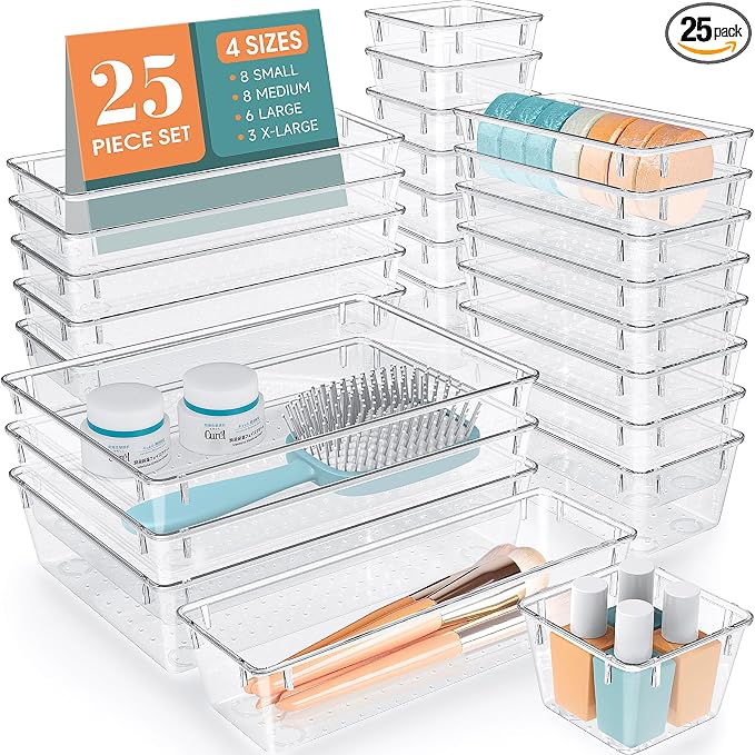 Expandable Drawer Organizer – Stackable Clear Storage Bins for Kitchen, Office, and Bathroom Organization
