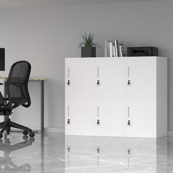 White metal storage locker with lockable doors in modern office setting.