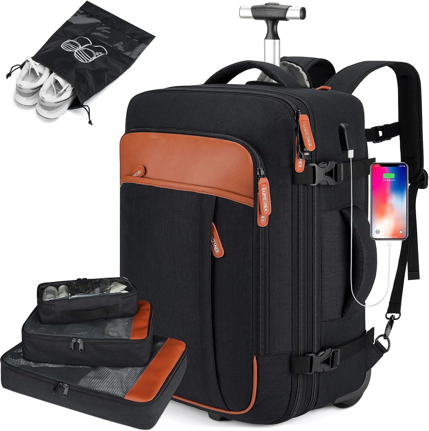 Travel Rolling Backpack with Expandable 42L Capacity, USB Charging Port, Anti-Theft Design, and 4 Packing Cubes