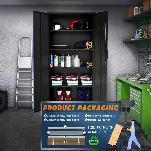 Black industrial storage cabinet with adjustable shelves and lock.