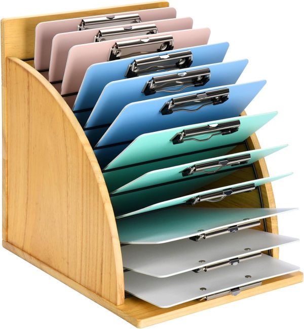 Clipboard Organizer Rack with 12 Slots for Office, Classroom & Home Use – Durable Wooden and Metal Design for Clipboards, Folders, and Mini Whiteboards