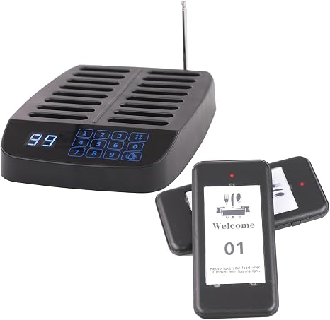 Wireless restaurant pager system with 16 beepers, touch screen, vibration, flash, and buzzer for cus.