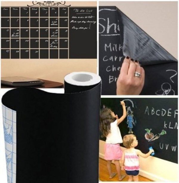 Black chalkboard sticker for walls, ideal for classrooms and kitchens.