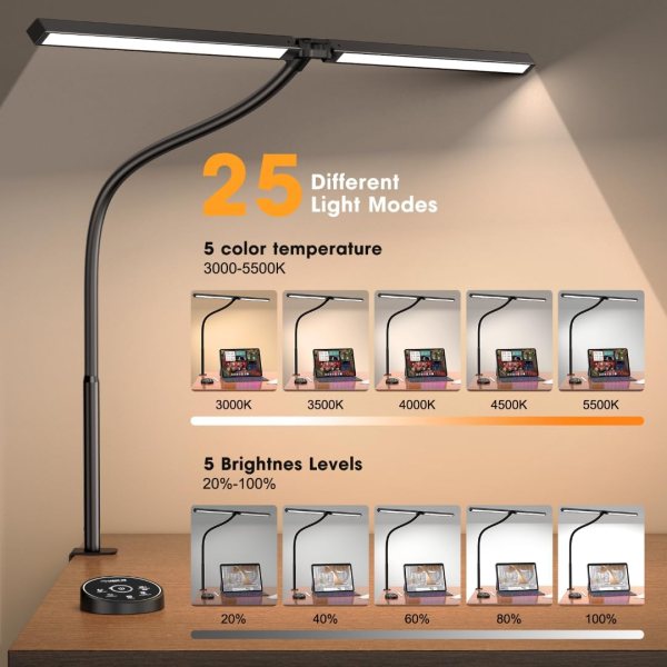 Modern LED desk lamp with double head, adjustable clamp, and 25 light modes for home and office.