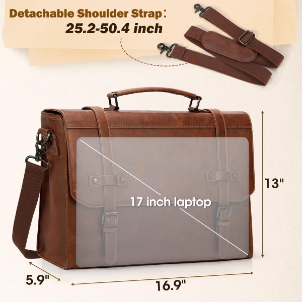 Leather waterproof messenger bag with 17-inch laptop compartment and detachable shoulder strap.