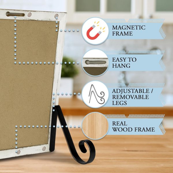 Close-up of magnetic chalkboard with removable stand and hanging option.