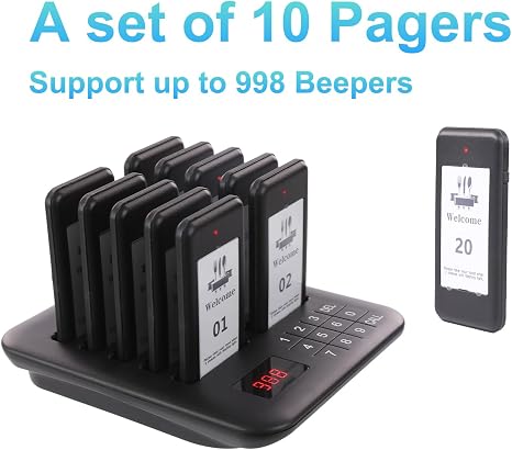 Wireless restaurant paging system with long-range beepers and rechargeable batteries.