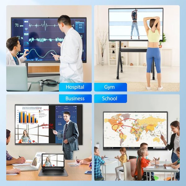 High-resolution 55-inch 4K UHD touchscreen smart board for classrooms, offices, and studios.