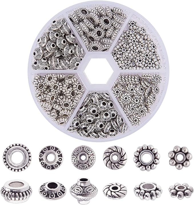 Bead Spacer Beads for Jewelry Making, 300pcs Zinc Tibetan Alloy Spacer Beads for Bracelets, Necklaces, and Earrings – Gear, Bicone, Snowflake, Flower Designs