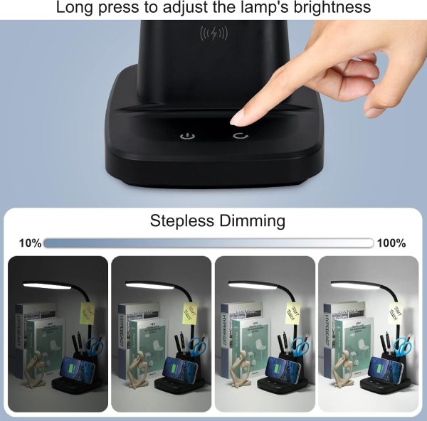 Wireless charging LED desk lamp with adjustable gooseneck, touch control, and multiple color modes f.