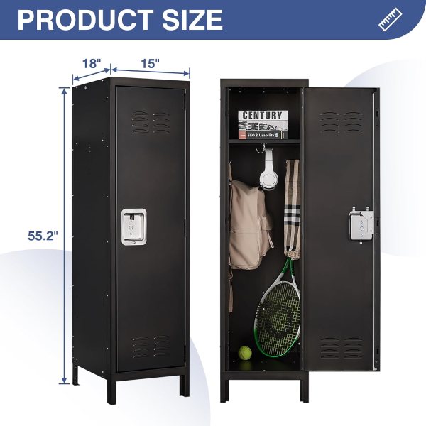 Black metal storage locker with ventilation and lockable door.