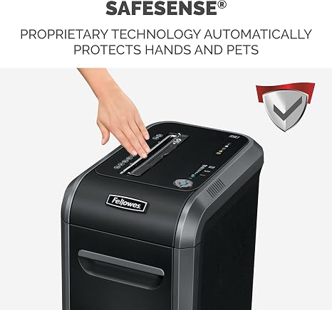 High-capacity crosscut shredder with SafeSense for secure document disposal at home or office.