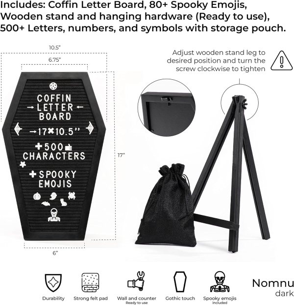 Black felt Halloween message board with white letters and spooky emojis.