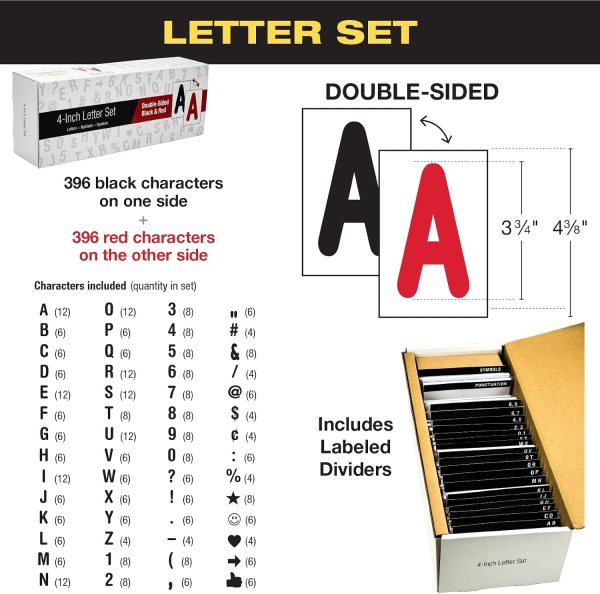 Double-sided letter set with black and red characters for signs and displays.