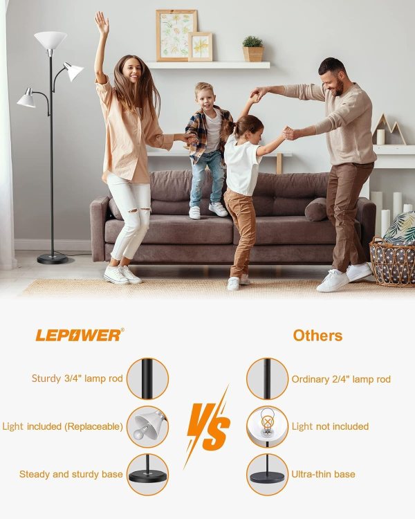 Energy-efficient standing lamp with flexible gooseneck and separate rotary switches.