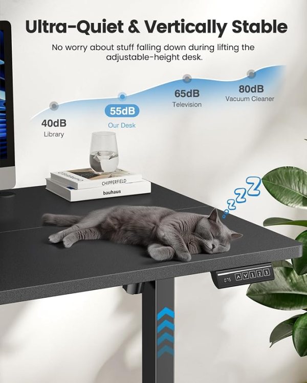 Adjustable height standing desk with quiet motor, ergonomic design, and memory presets for a comfort.