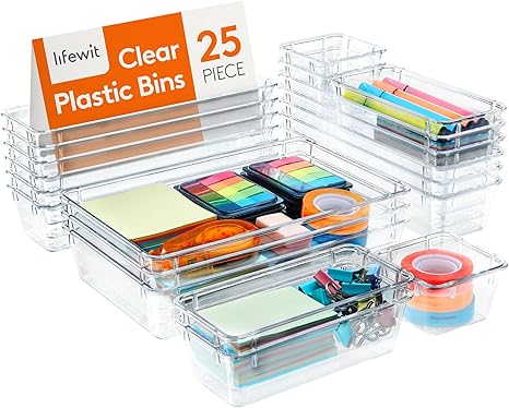 25-Piece Drawer Organizer Set – Crystal Clear Storage Bins with Dividers for Desk, Office, Jewelry, and More