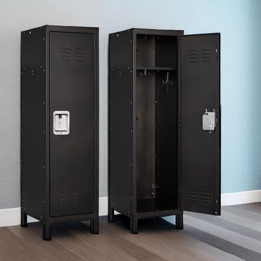 Black metal storage locker with ventilation and lock for secure storage.